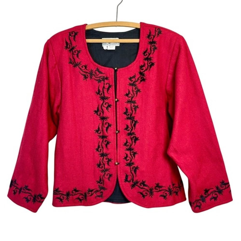 VTG Daily Planet‎ 100% Wool Made in Nepal Red embroidered blazer jacket Medium